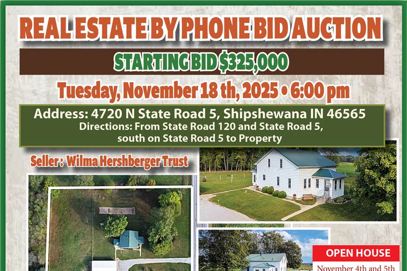Grogg-Martin phone bid real estate auction for Shipshewana, Indiana property, ends November 11, 2025