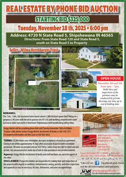 Phone bid real estate auction for Shipshewana, Indiana property, ends November 11, 2025