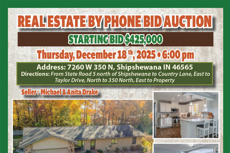 Shipshewana real estate phone bid auction, ends December 18th, 2025