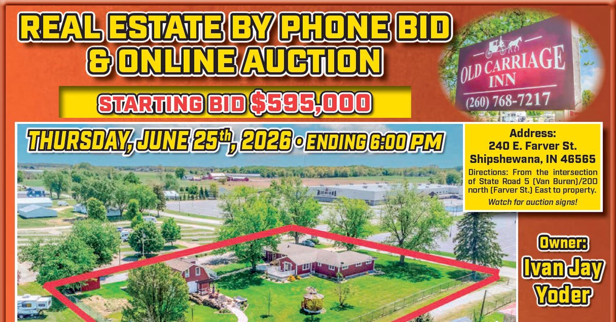 Old Carriage Inn in Shipshewana, IN for auction, ends June 25, 2026